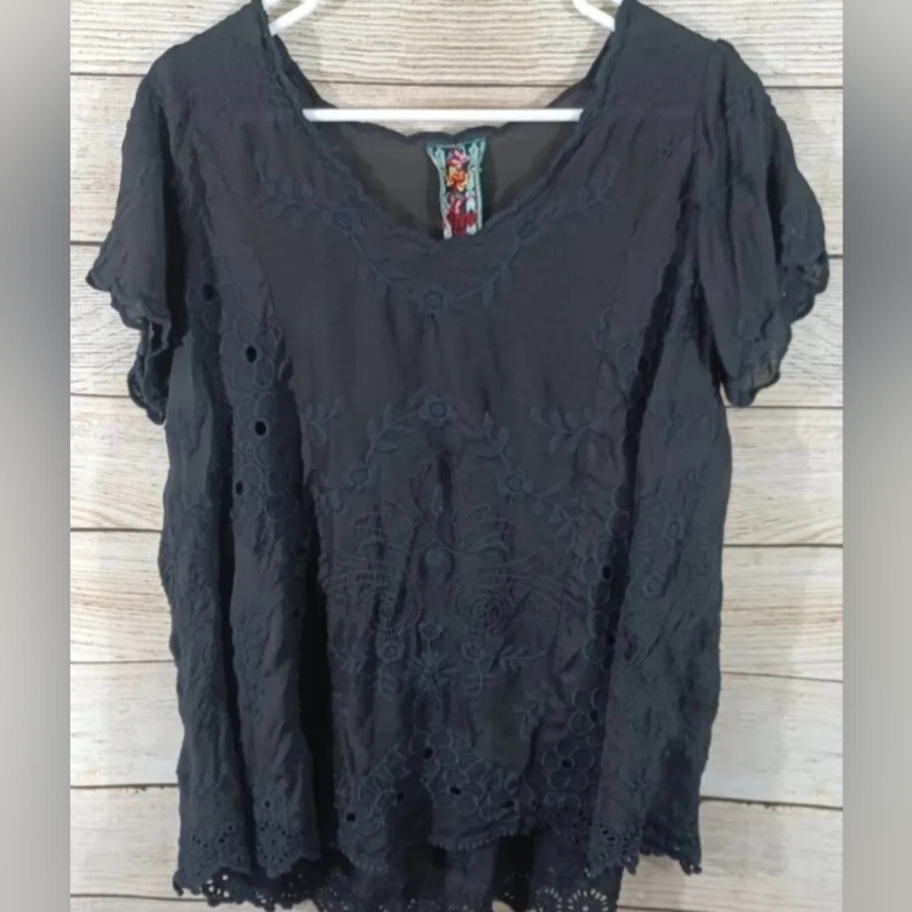 Johnny Was Sophia Georgette Princess Black Lace Eyelet Blouse Top